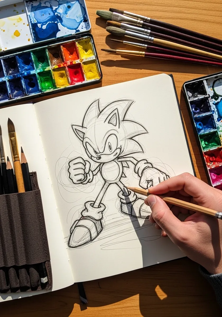 Detailed fine ink full body drawing of a cartoon hedgehog in a sketchbook