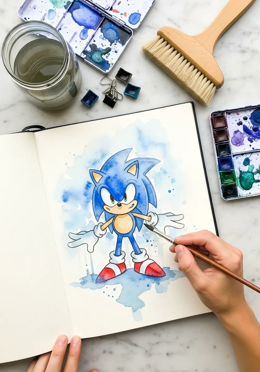 Loose watercolor cartoon hedgehog painted in soft blue washes with splatter
