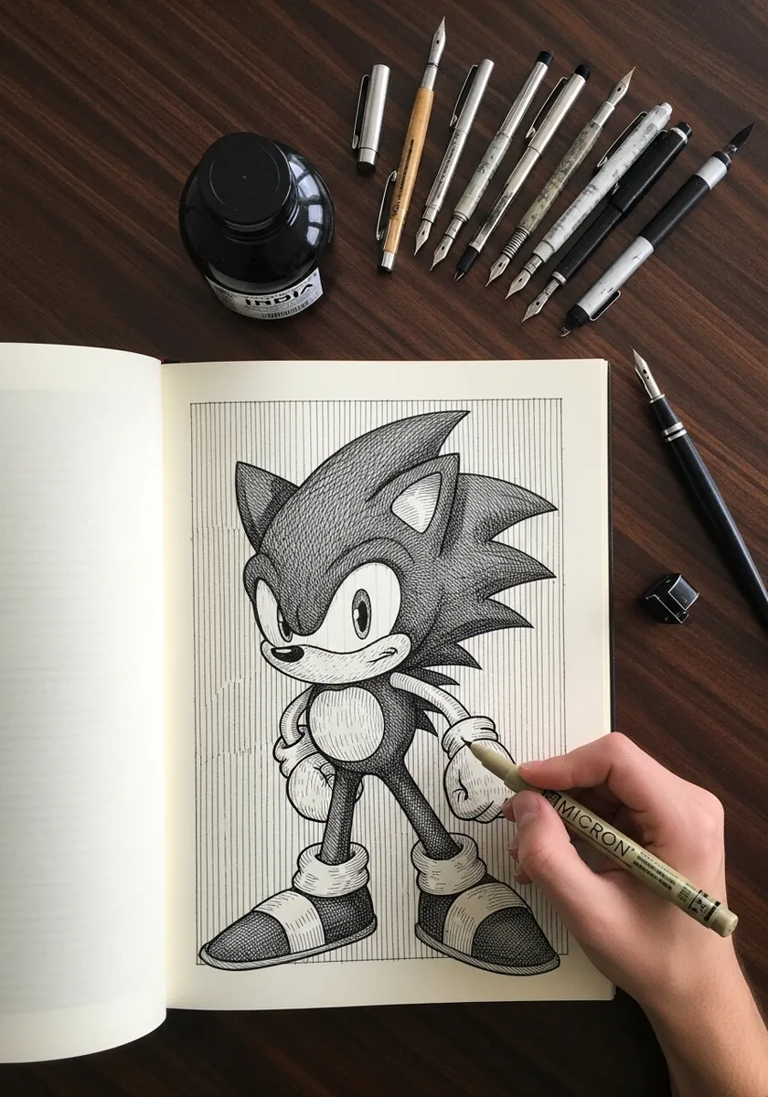 Graphite cartoon hedgehog standing upright drawn on lined notebook paper