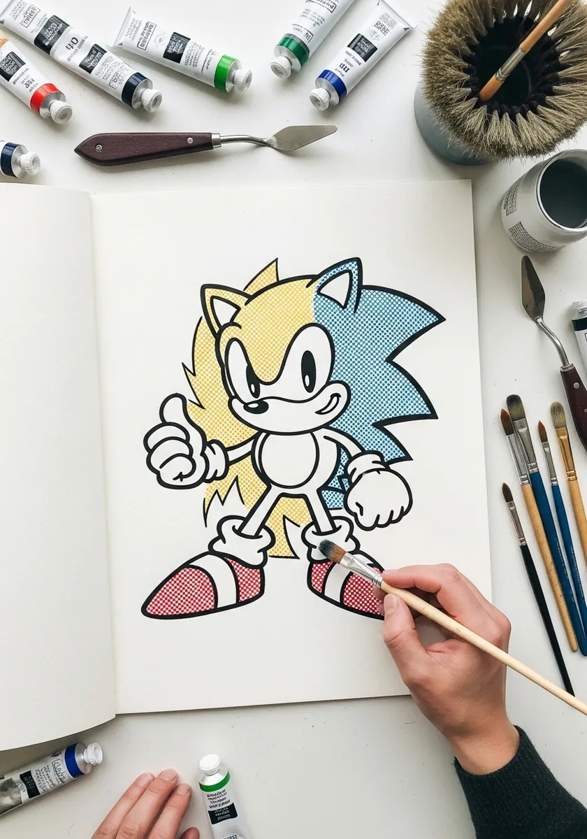 Cartoon hedgehog with one half flat colored and the other left as bare line art