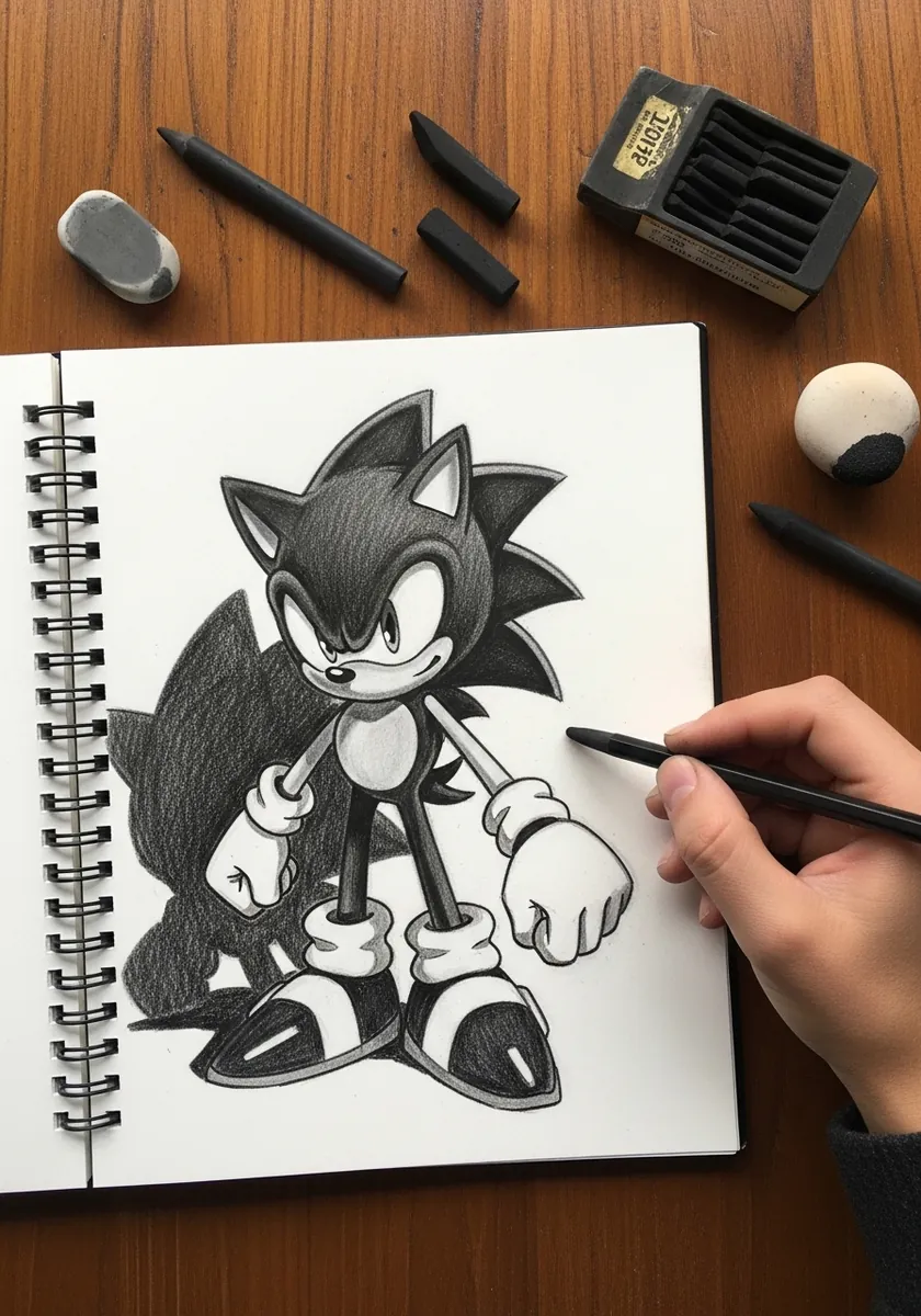Heavily shaded dark graphite cartoon hedgehog with dense pencil work