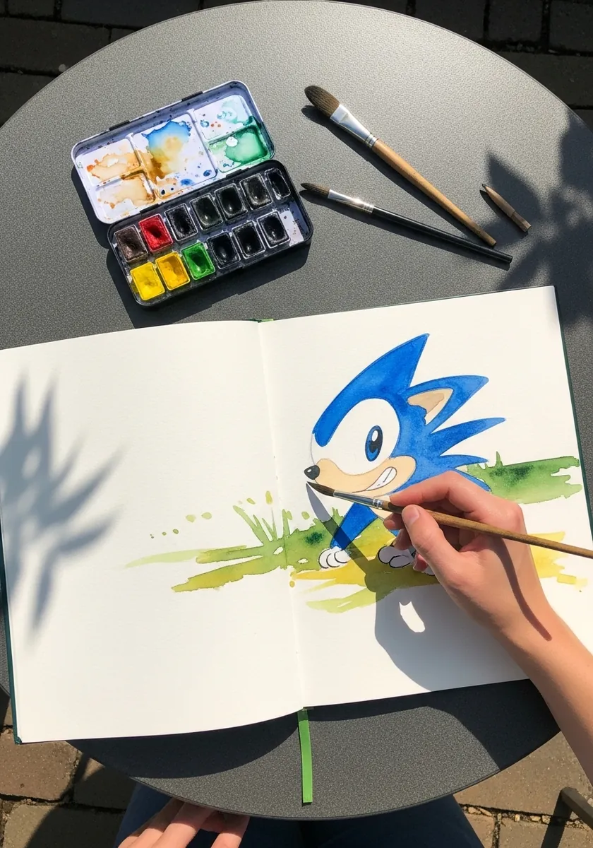 Loose watercolor cartoon hedgehog running across a green field with soft washes