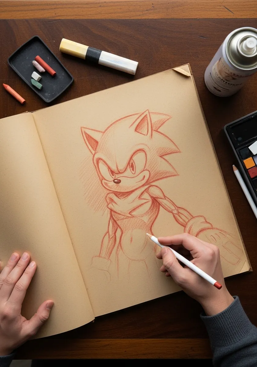 Warm red conte sketch of a cartoon hedgehog on toned cream paper