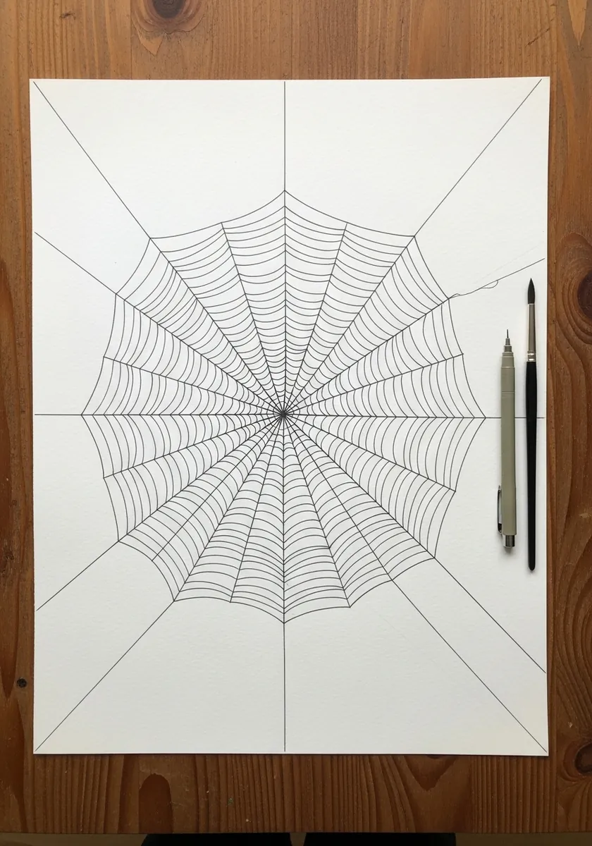 Fine pencil spider web with straight radii and a sagging spiral on white paper