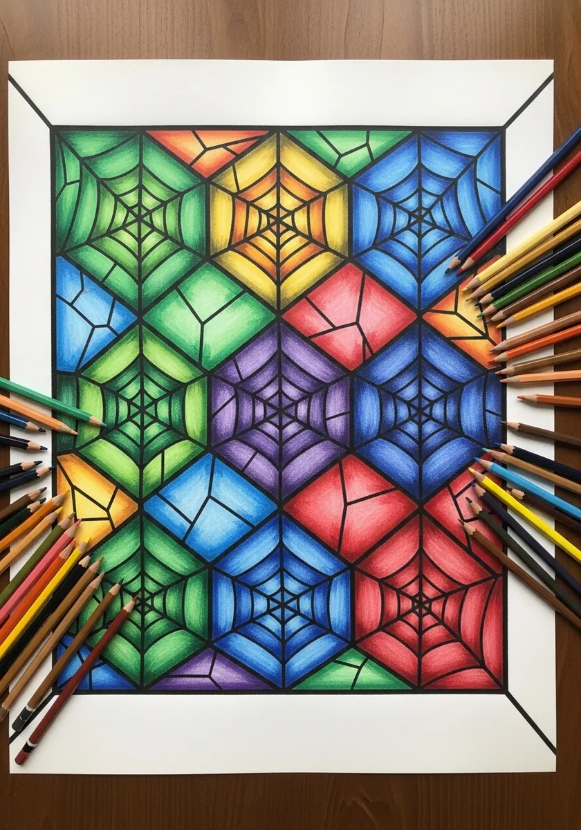 Colored pencil hexagonal panels each containing a small web in stained glass colors