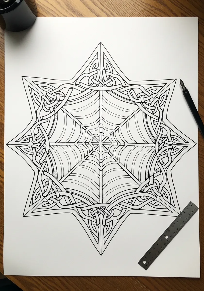 Ink line drawing combining a spider web with an interlacing celtic knot star