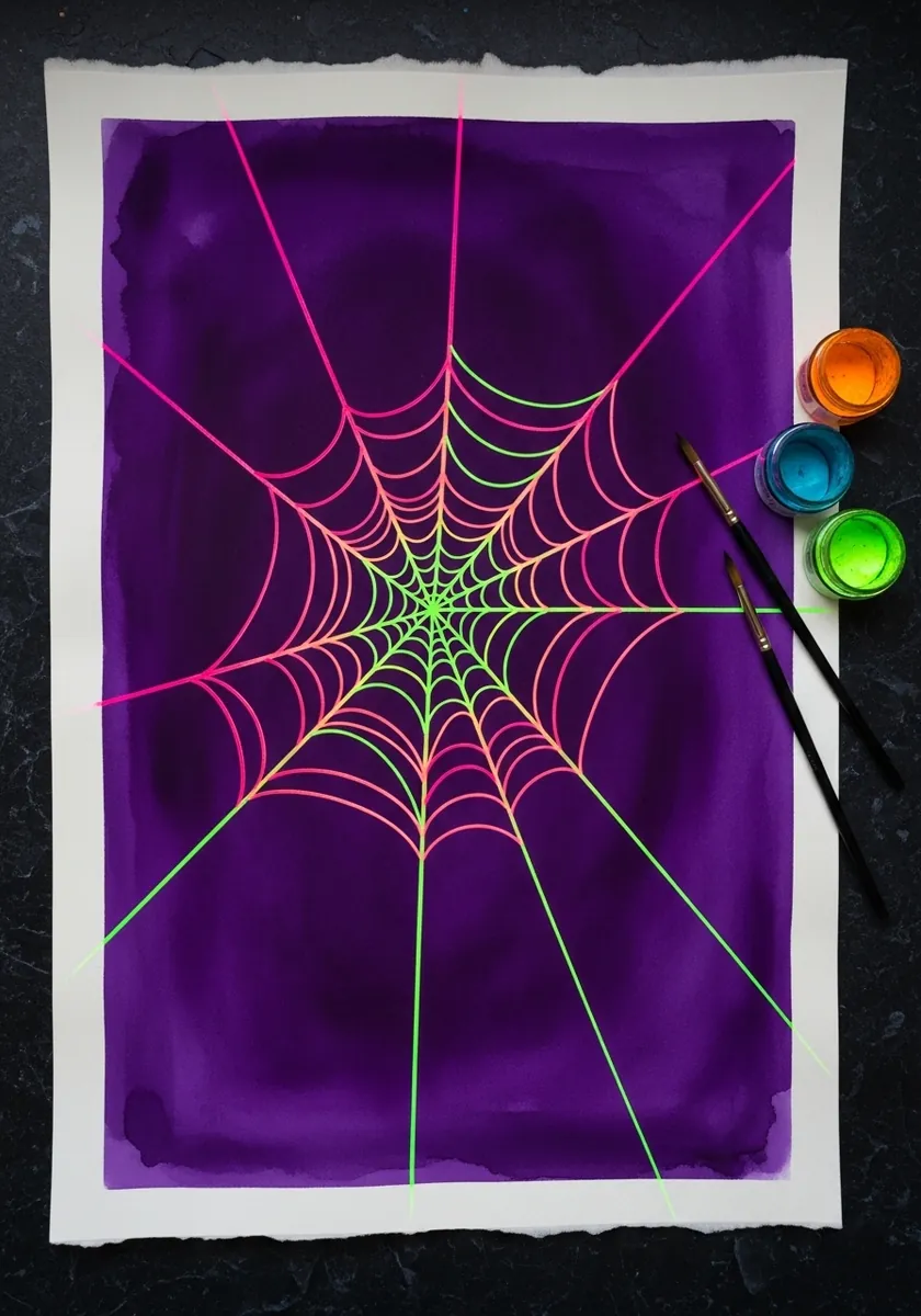 Bright neon pink and green spider web painted over a deep purple background