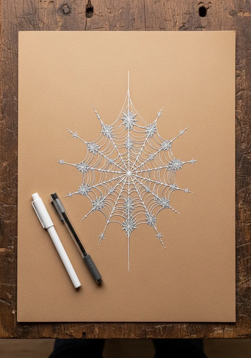 Delicate silver web resembling a snowflake drawn on warm brown kraft paper