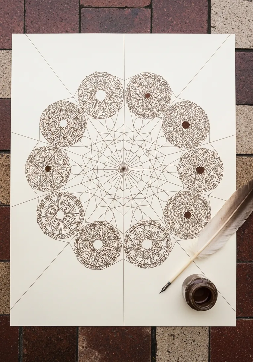 Sepia web with detailed mandala circles placed at intervals around the outer frame