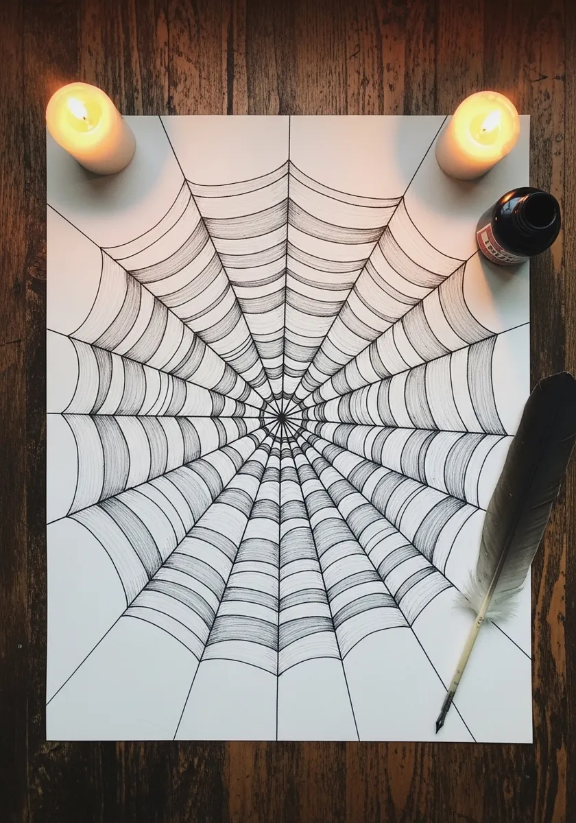 Graphite spider web drawn on white paper lit warmly by two candles beside it