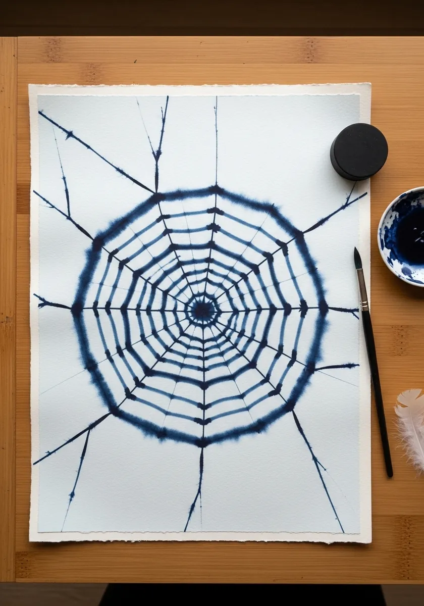 Deep indigo circular web with soft bleeding edges on white watercolor paper