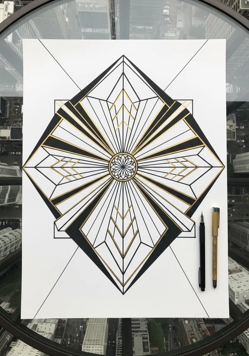 Geometric gold and black art deco panel built from angular web shapes