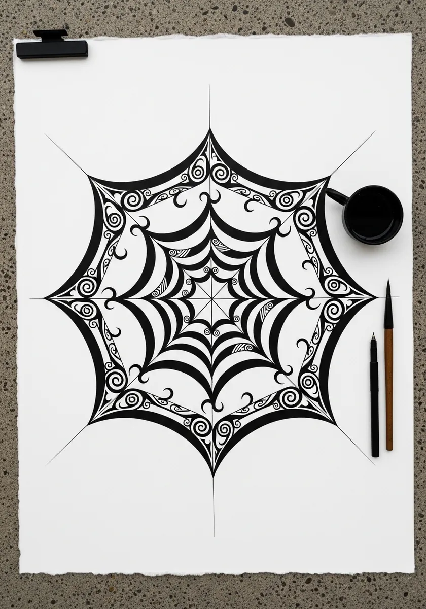 Bold black ink web with decorative curling flourishes at the outer edges