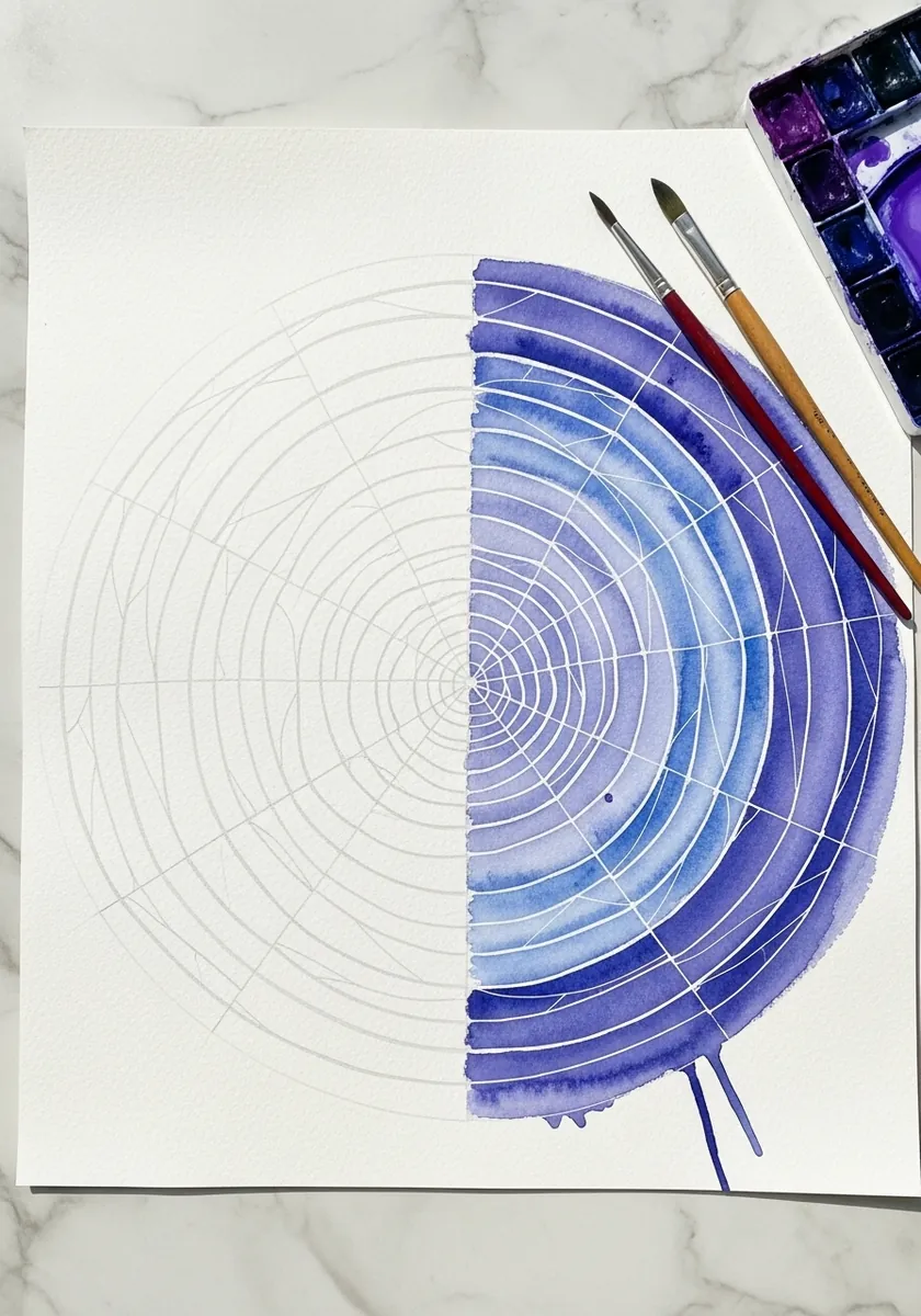 Watercolor spider web with one half painted blue and the construction lines visible