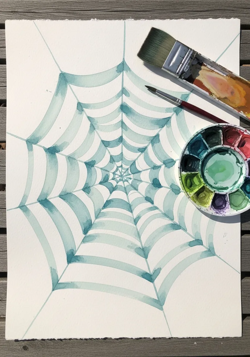 Soft pale teal watercolor spider web with delicate washes on white paper