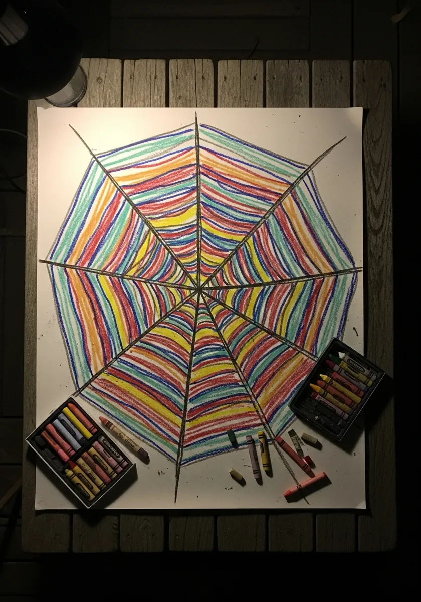 Vivid rainbow oil pastel spider web with bold color bands on a dark surface