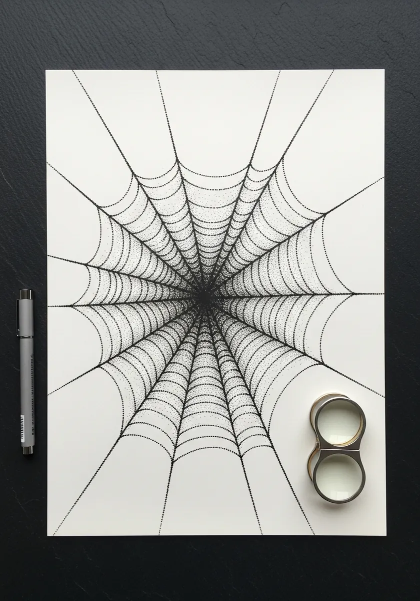 Fine pencil spider web with the hub placed off center on a dark desk surface