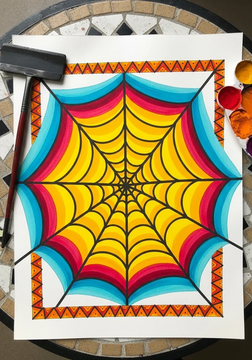 Bold pop art web in red, yellow and blue inside a patterned triangular border