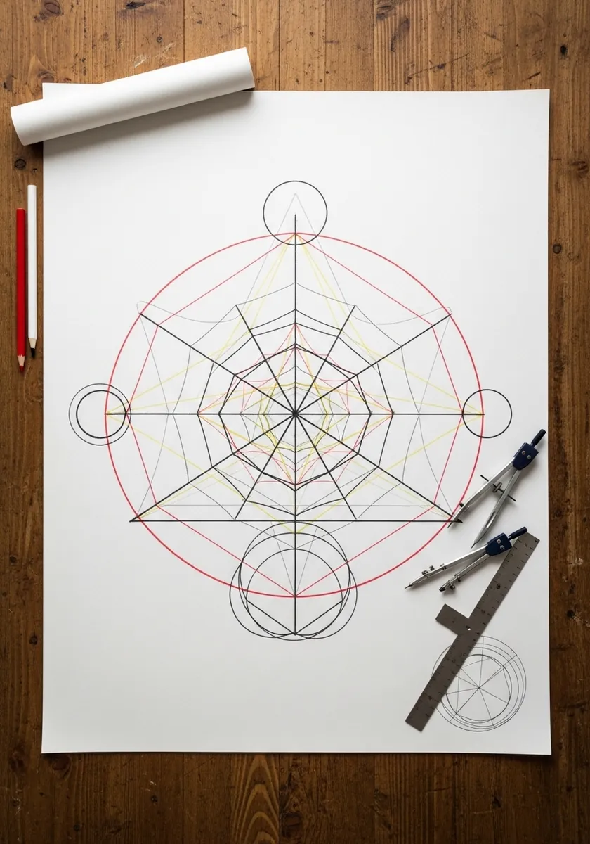 Pencil and red line construction of a web built over overlapping compass circles