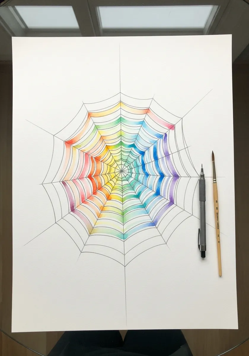 Spider web colored in a full rainbow spectrum moving outward in colored pencil
