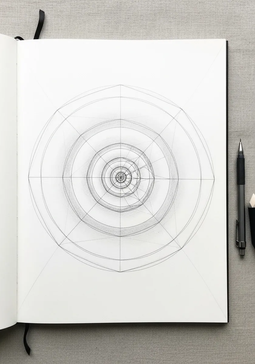 Very light pencil construction of concentric circles before the web is drawn