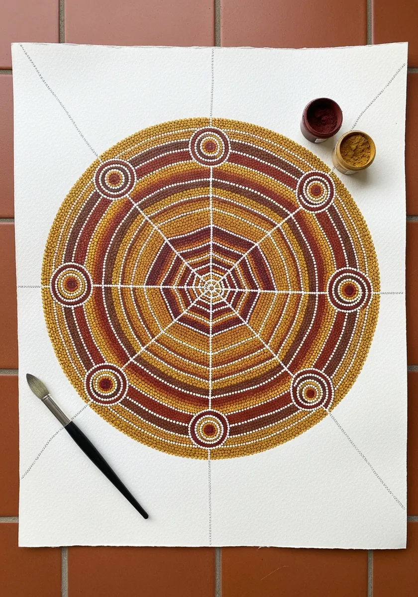 Circular web built from ochre and red dots in a traditional dot painting style