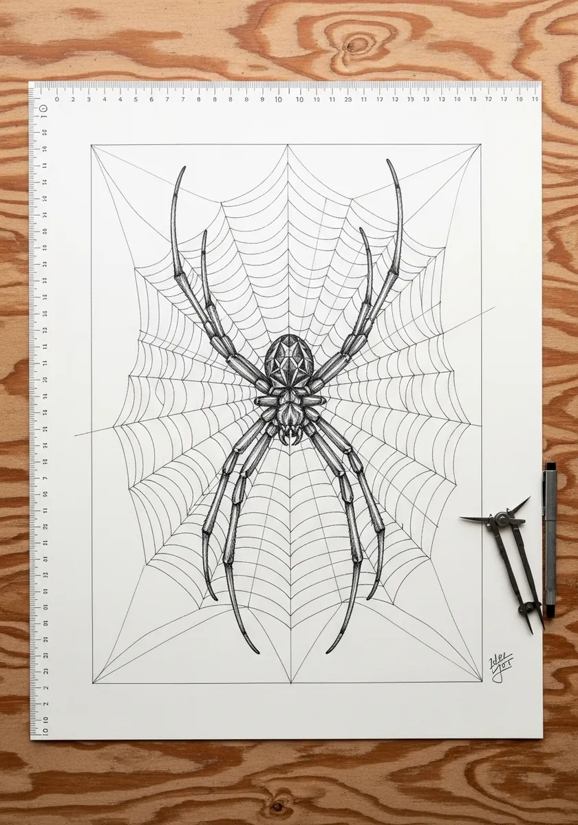 Detailed ink drawing of a spider sitting at the hub of a large finished web