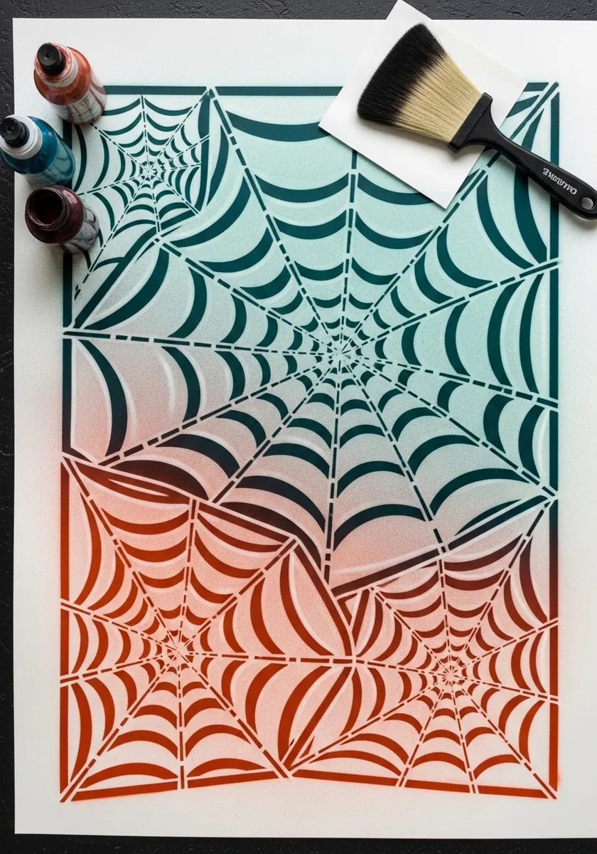 Teal and orange gradient panels each holding a different spider web design
