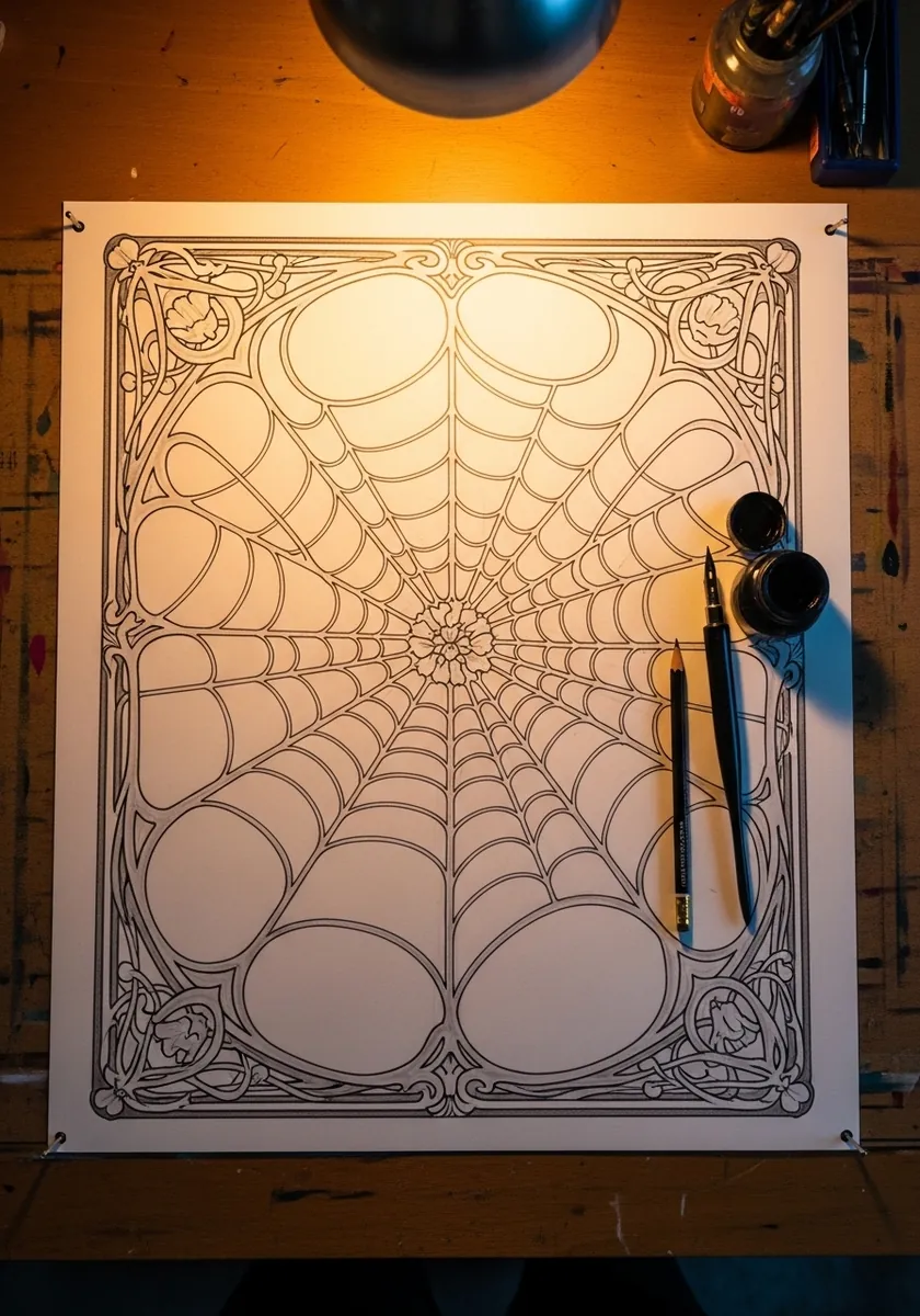 Ornate art nouveau panel with a decorative spider web inside a curving border