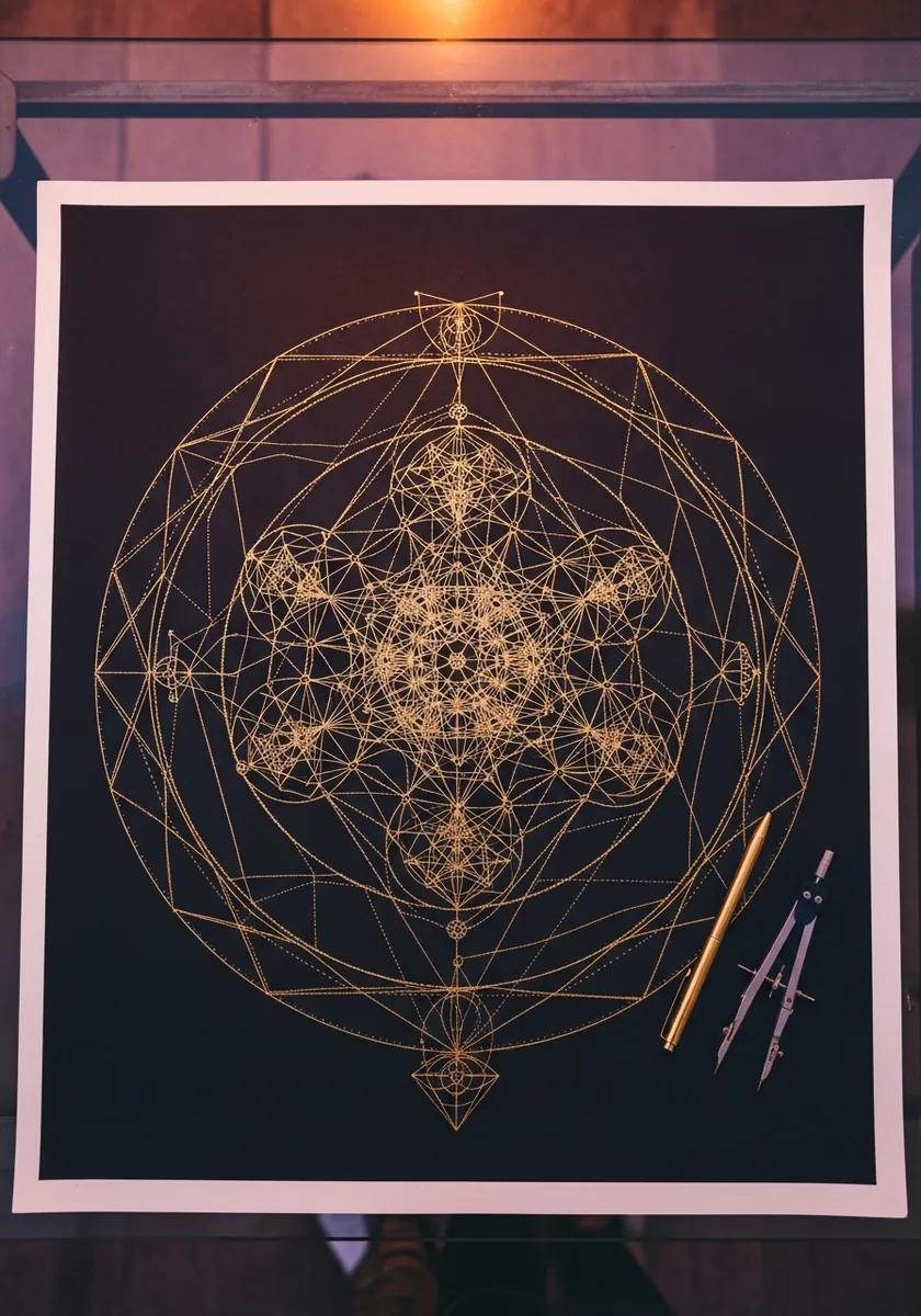Fine gold geometric web drawn on black paper with overlapping circular patterns