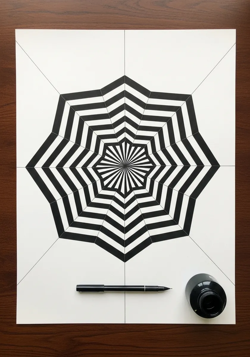 Bold black and white concentric octagonal web forming a strong optical pattern