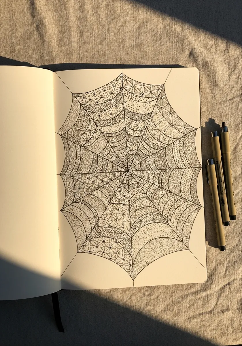 Detailed fine ink spider web with tiny dotted texture worked between the threads