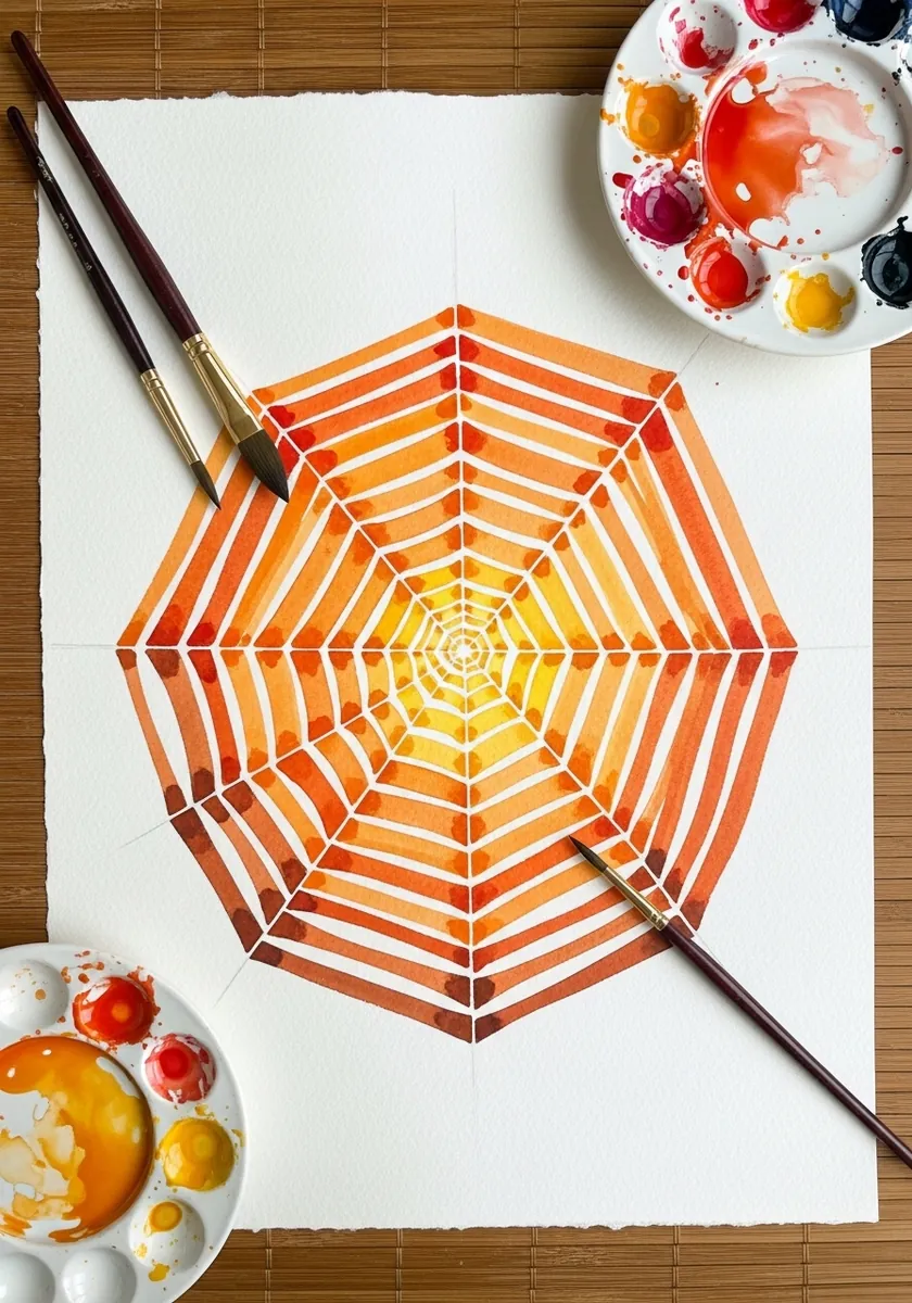 Bright orange and yellow geometric spider web painted flat in gouache