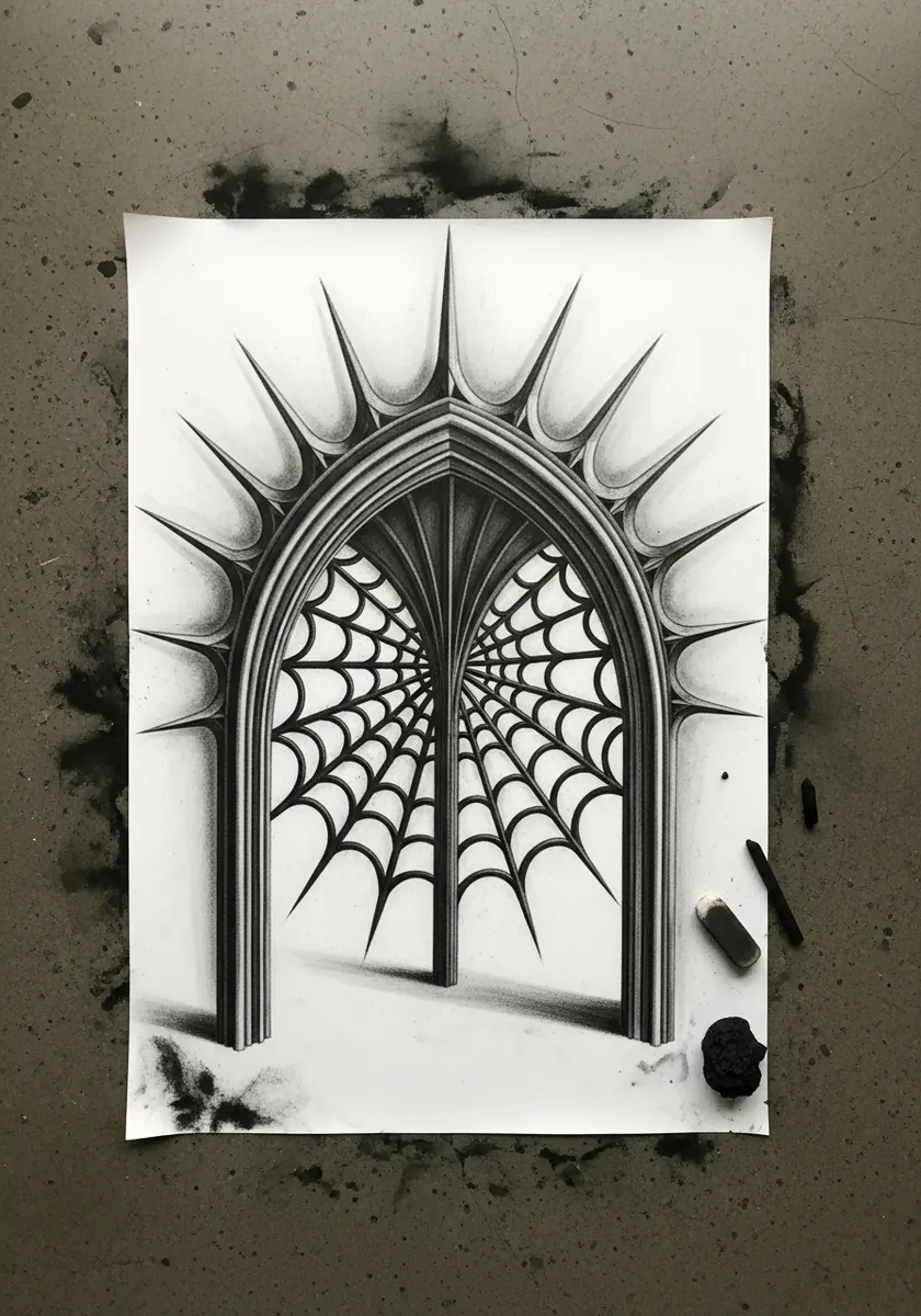 Dramatic graphite gothic archway filled with hanging spider webs and deep shadow