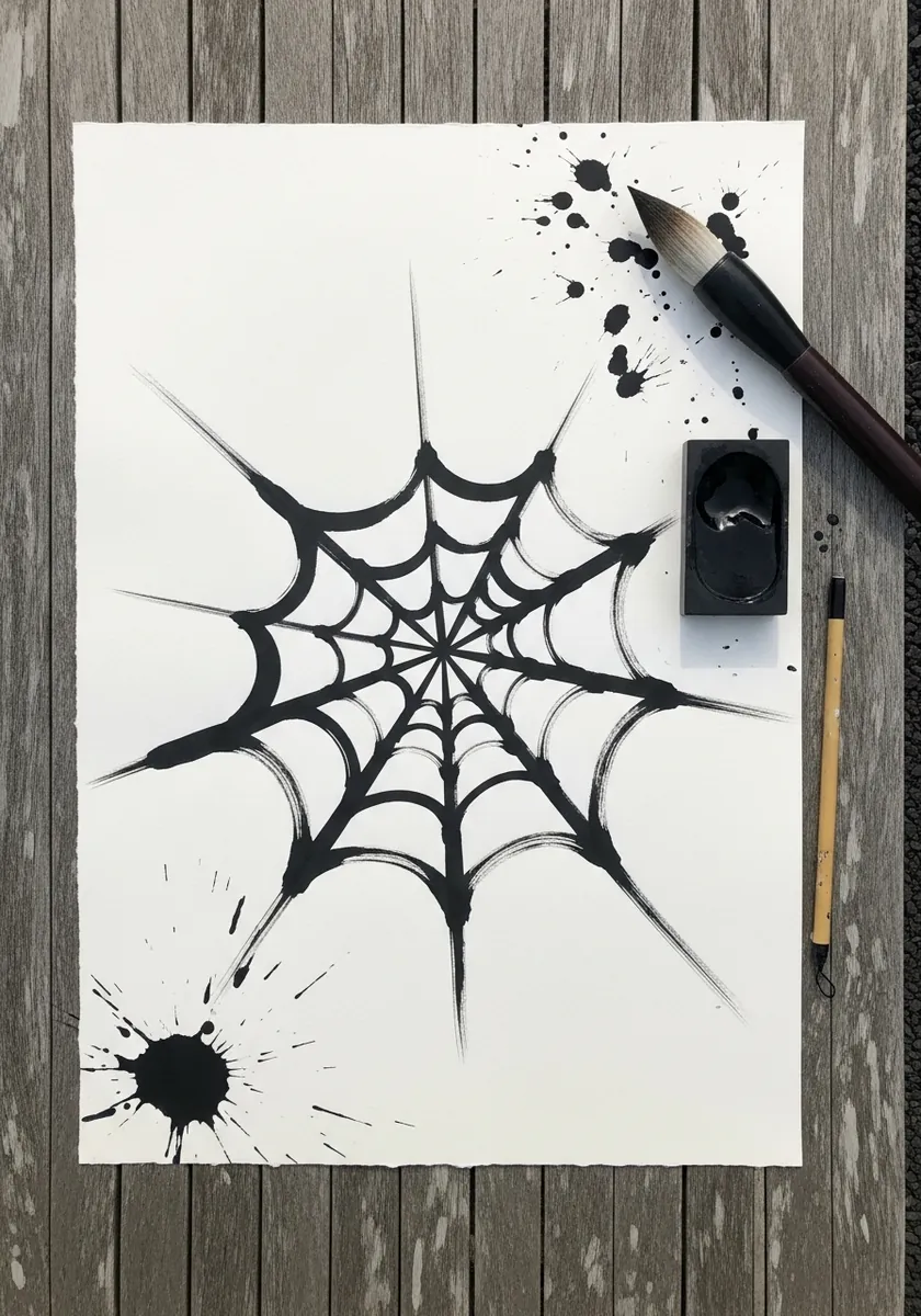 Heavy black ink spider web with dramatic splatter marks across the paper