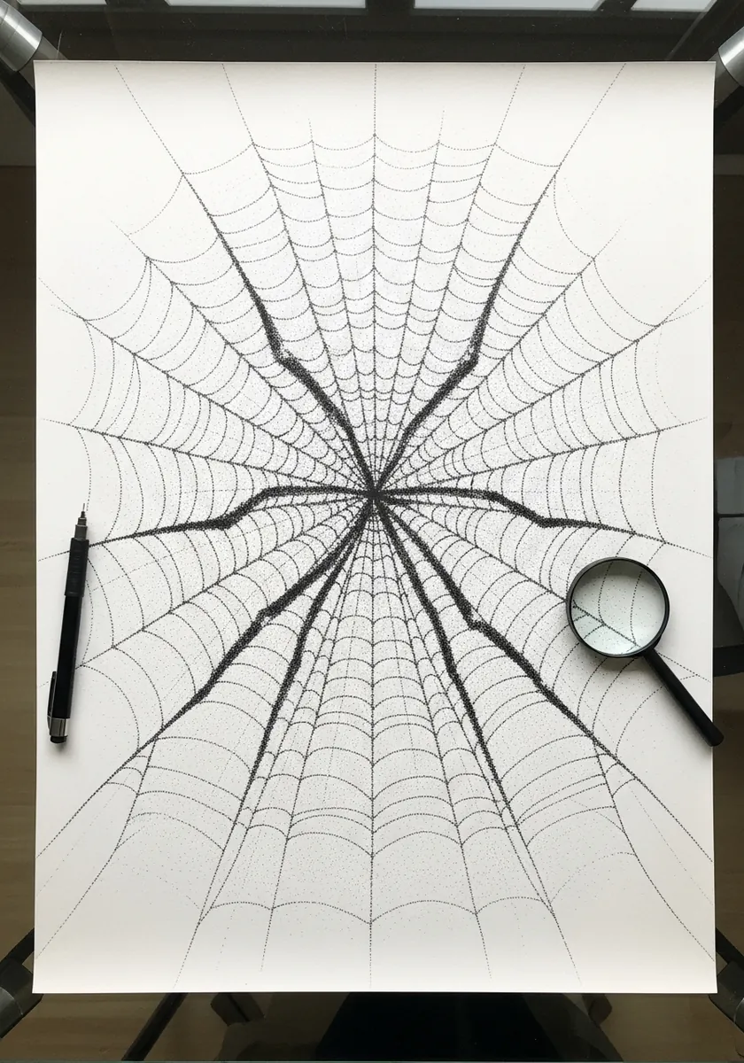 Large detailed pencil spider web with dew drops caught along the spiral threads