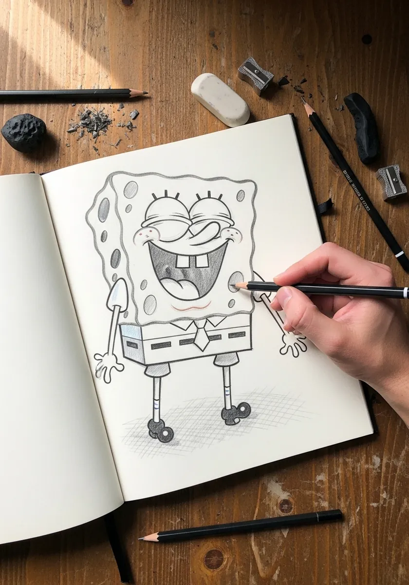 Pencil line drawing of SpongeBob on white sketchbook paper with pencils and an eraser nearby