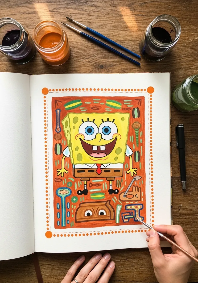 SpongeBob drawing inside a bright orange decorative folk art border with repeating motifs