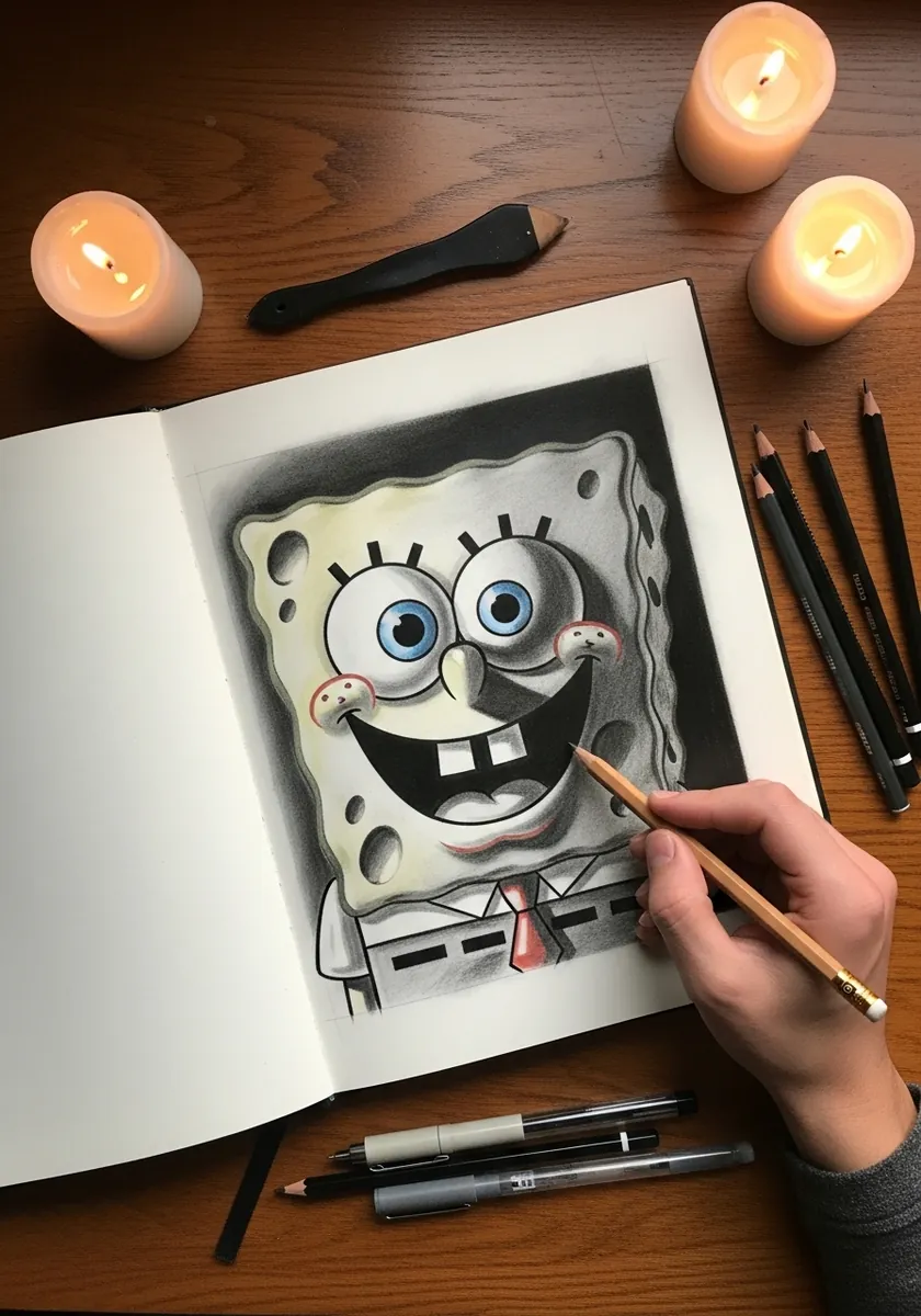Detailed graphite drawing of SpongeBob with strong shadows lit by candles on a wooden desk