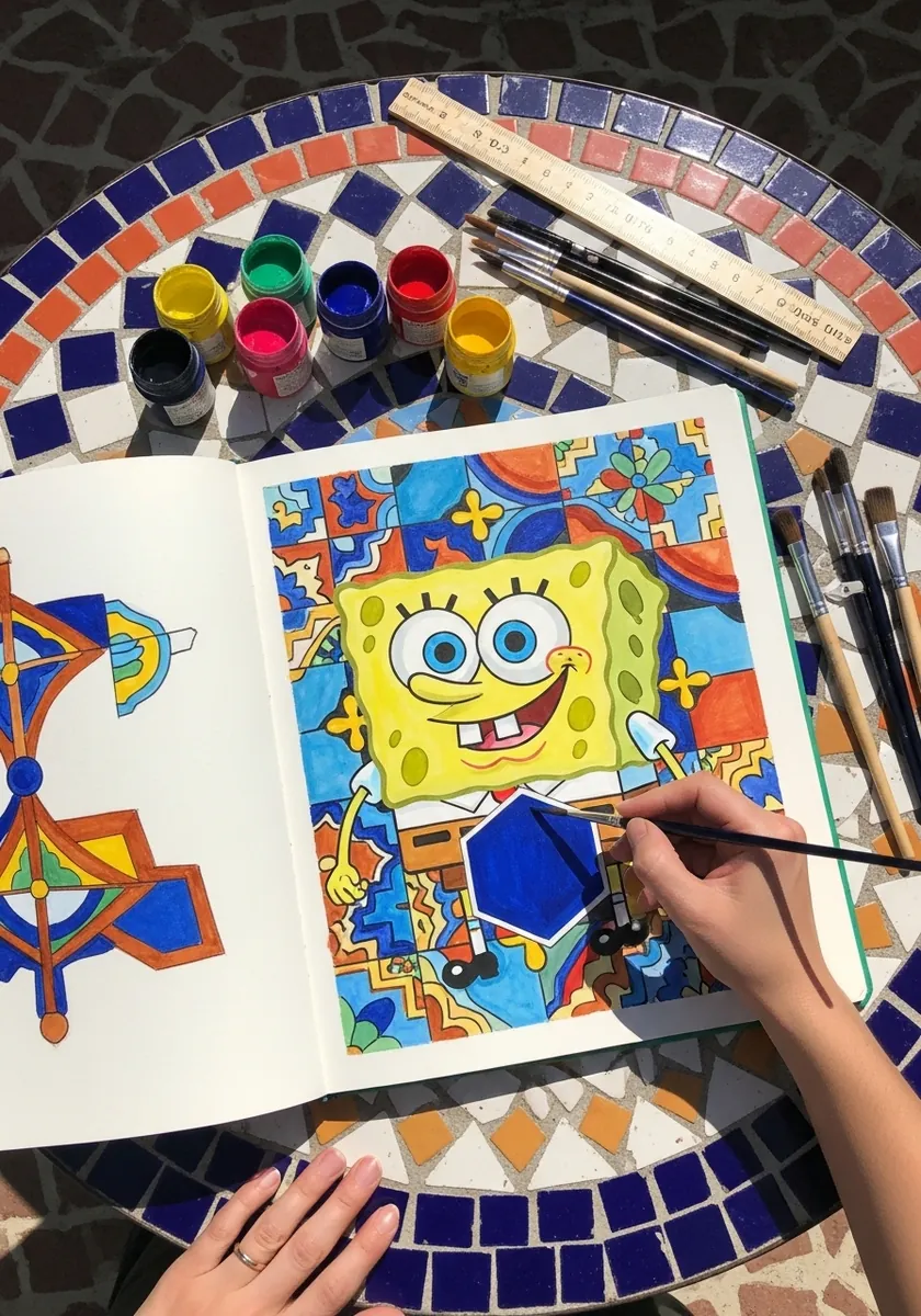 Brightly colored SpongeBob painting in progress on a table topped with blue mosaic tiles