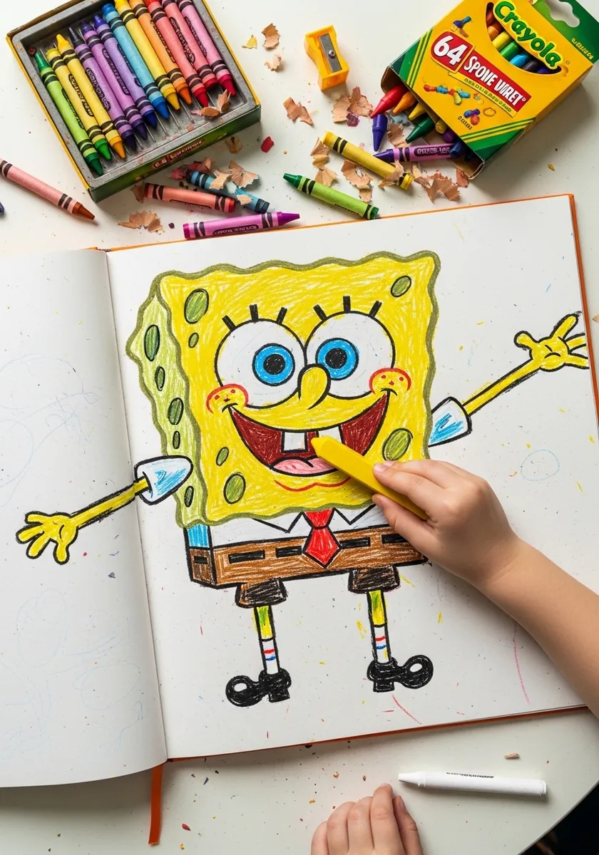 SpongeBob drawn in crayon with one arm waving, surrounded by a large box of crayons