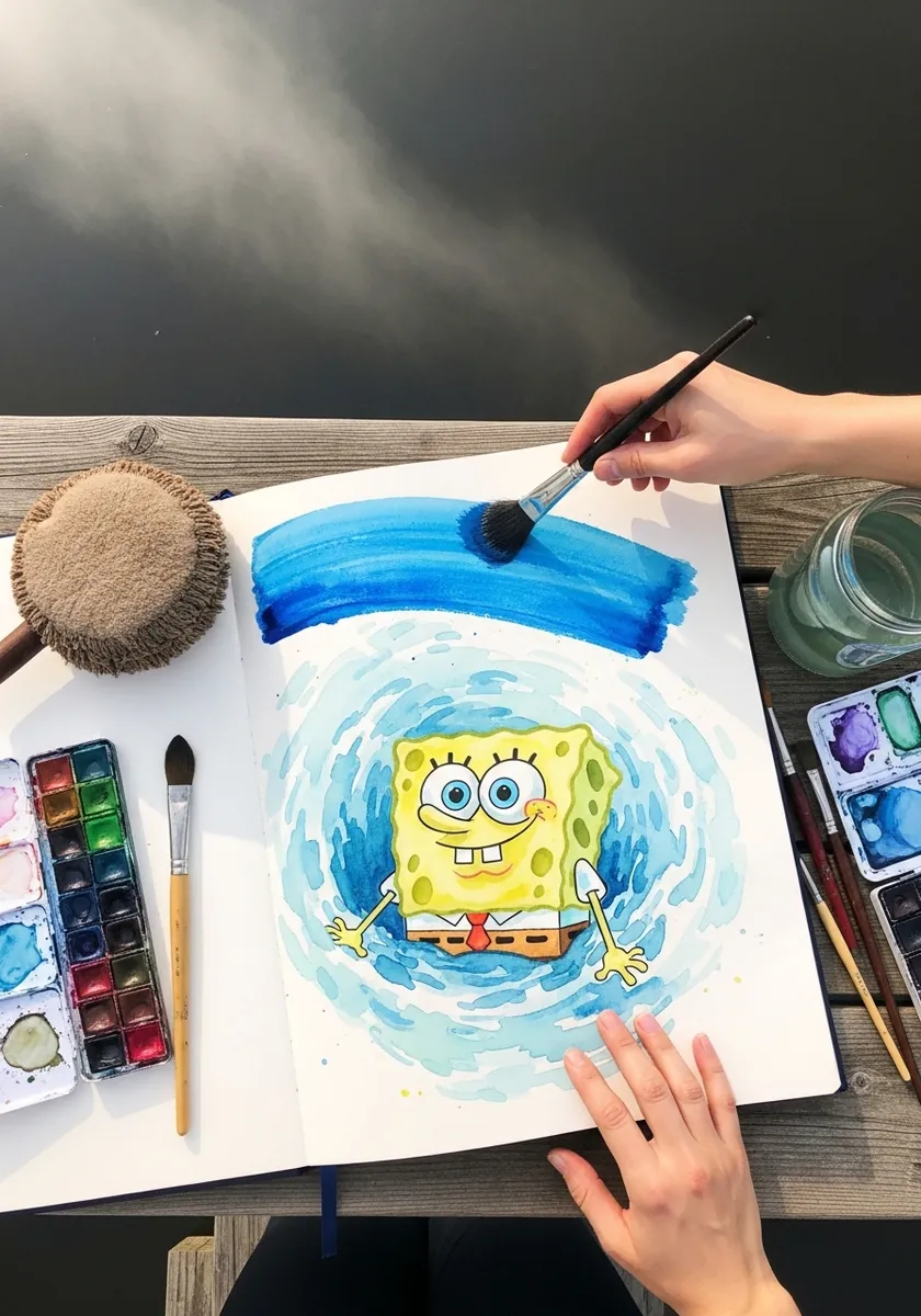 SpongeBob painted at the center of a swirling blue watercolor whirlpool on white paper