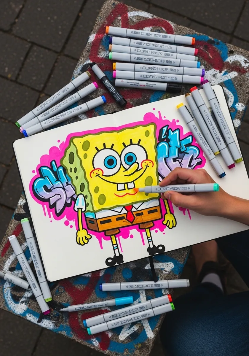 SpongeBob drawn in graffiti style with a thick pink outline and blue tag marks around him