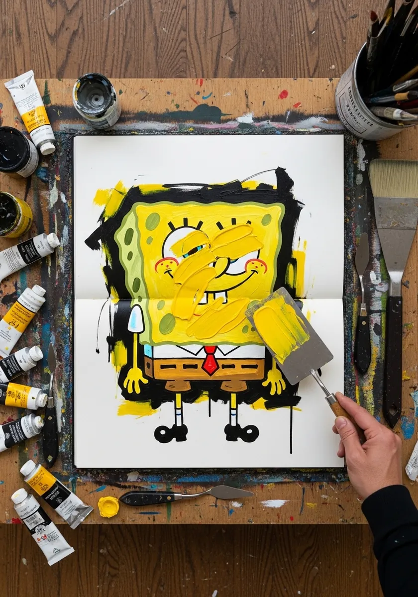 SpongeBob painted in thick yellow acrylic applied with a palette knife on textured paper