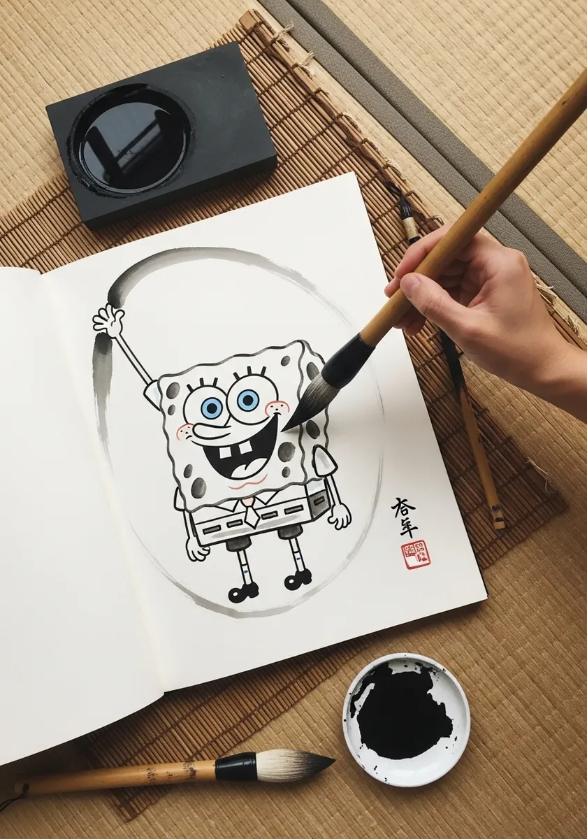 Ink brush drawing of SpongeBob inside a large single stroke enso circle on white paper