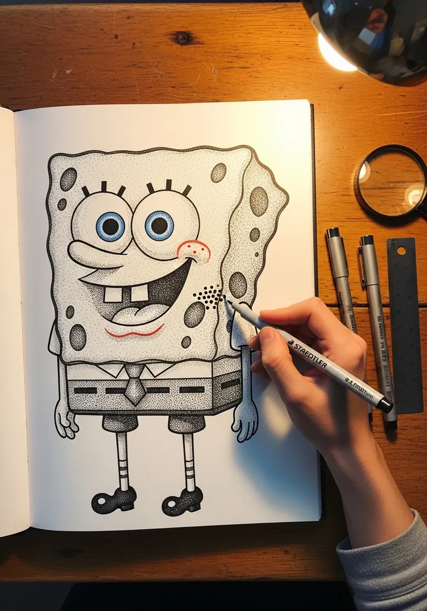Close up ink drawing of SpongeBob showing carefully outlined pores across the body
