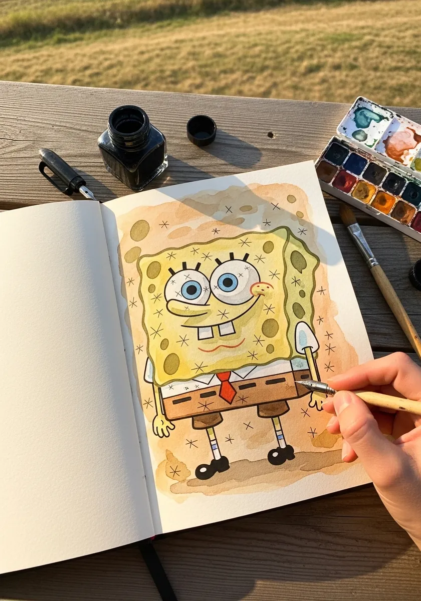 Warm sepia toned SpongeBob watercolor sketch made outdoors on a wooden picnic table