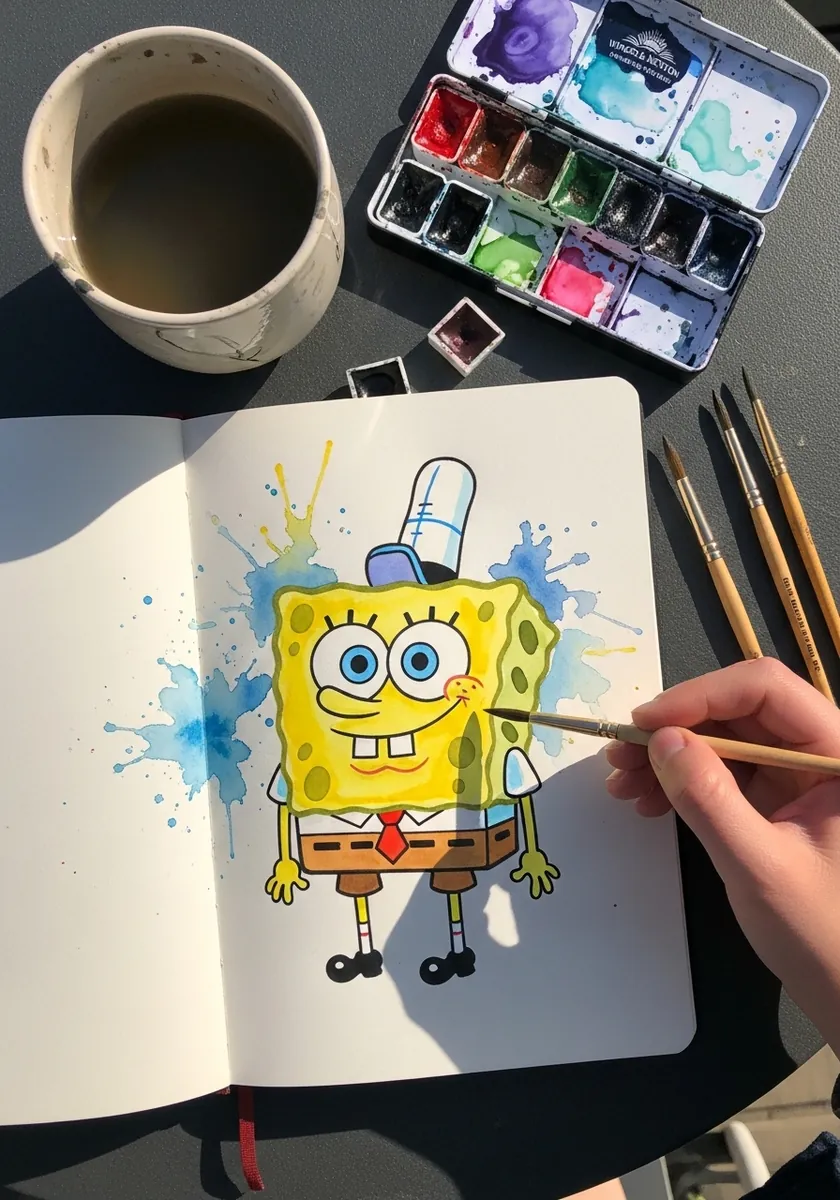 Colored SpongeBob drawing with a loose blue watercolor splash bursting behind the figure