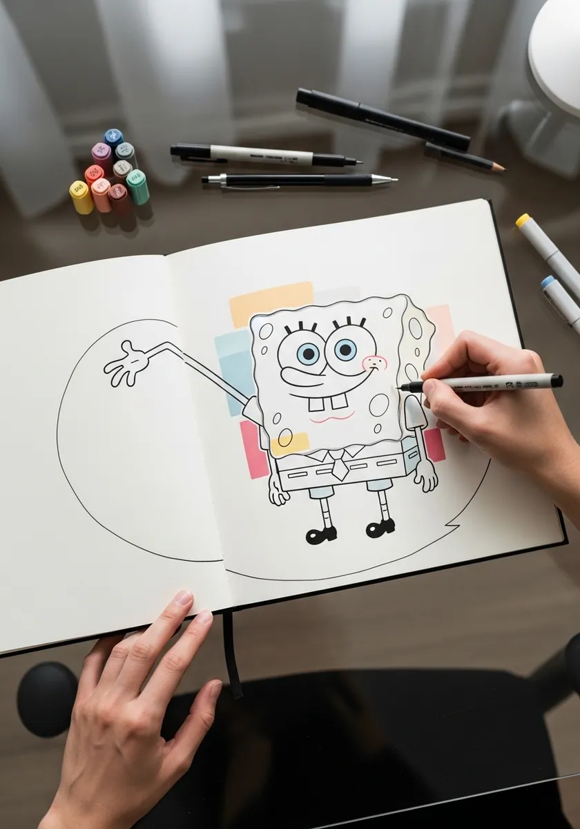 Line drawing of SpongeBob with the guide circles and rectangle still showing on the page