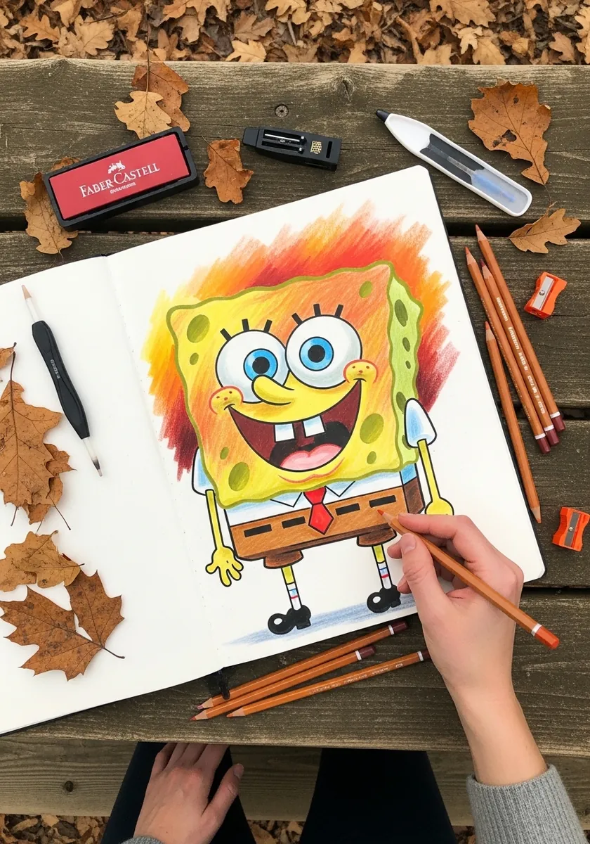 SpongeBob drawn in warm oranges and reds with dry autumn leaves scattered around the page